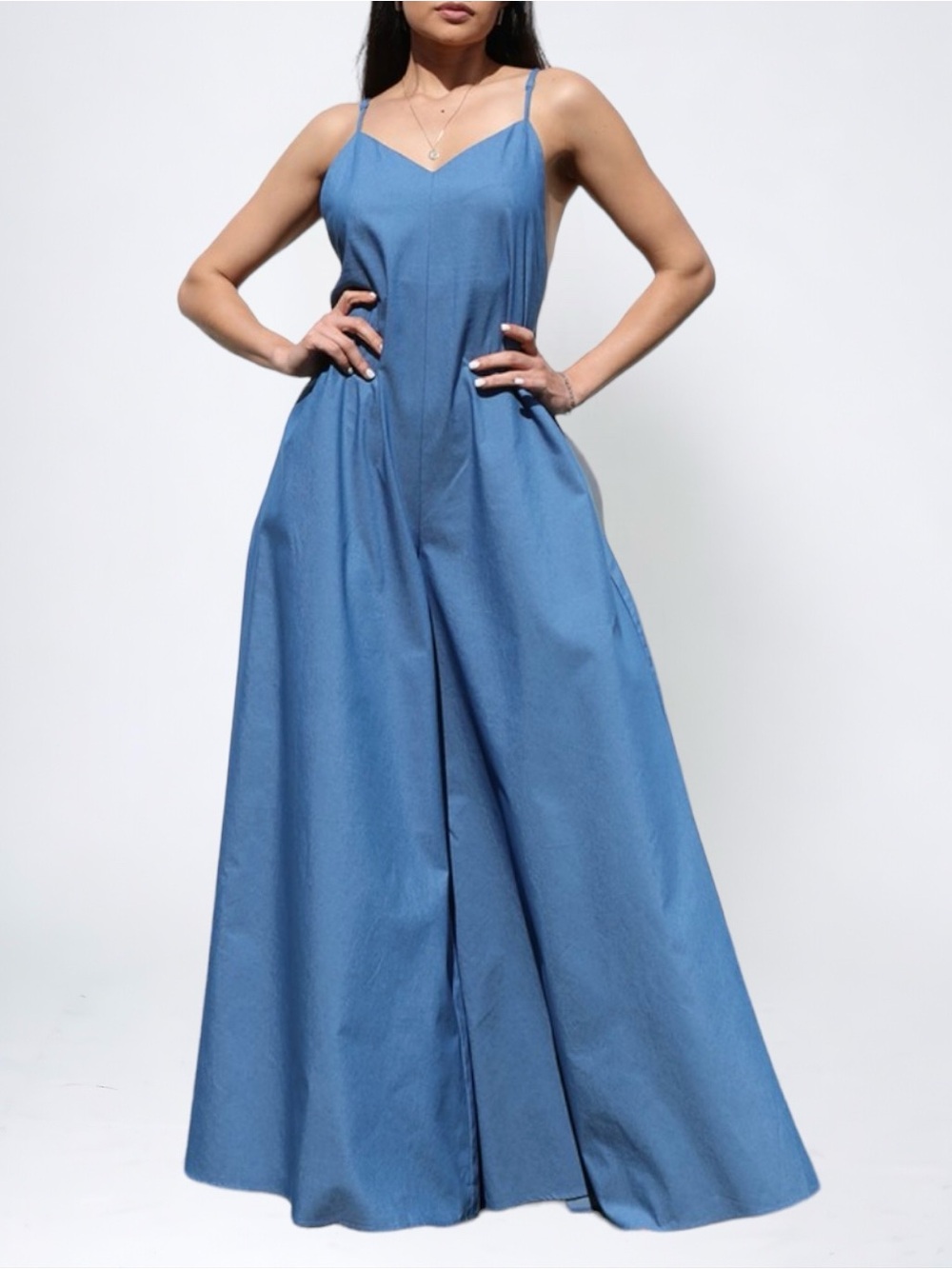 New Ladies Blue Wide-Leg Jumpsuit with Spaghetti Straps Light Weight Denim